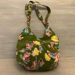 Boho Colorful Bird Flower Skull Print Olive Canvas Hobo Shoulder Bag Purse GC